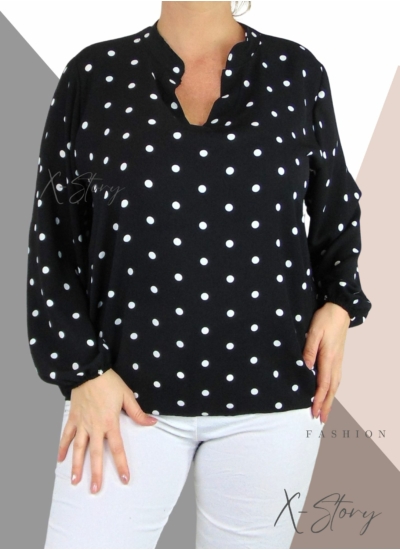 "V" dekoltált , gumis aljú pöttyös blúz (fekete)