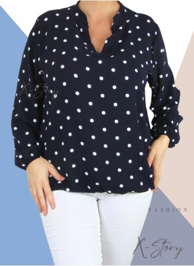 "V" dekoltált , gumis aljú pöttyös blúz (sötétkék)