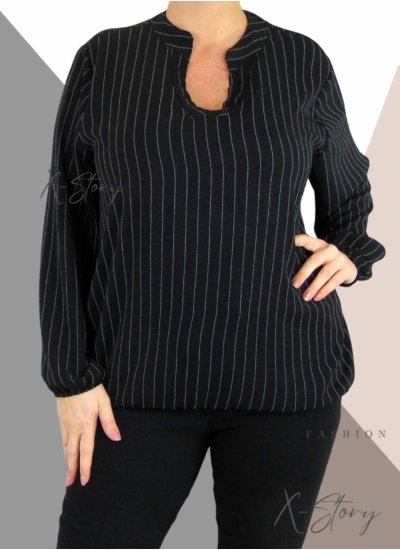 "V" dekoltált , gumis aljú csíkos blúz (fekete)