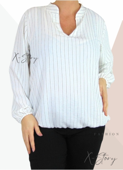 "V" dekoltált , gumis aljú csíkos blúz (fehér)