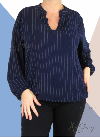 "V" dekoltált , gumis aljú csíkos blúz (sötétkék)