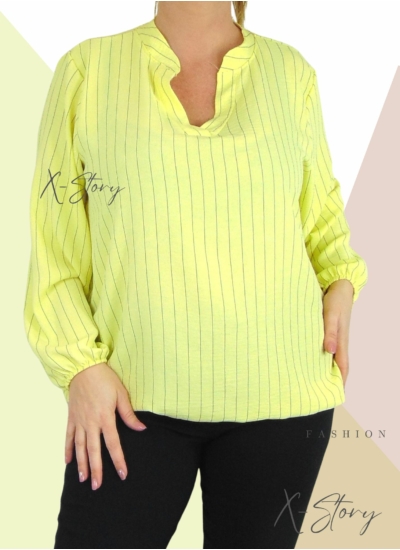 "V" dekoltált , gumis aljú csíkos blúz (sárga)