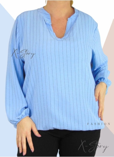 "V" dekoltált , gumis aljú csíkos blúz (világoskék)