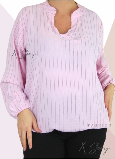 "V" dekoltált , gumis aljú csíkos blúz (babarózsaszín)