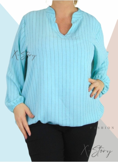 "V" dekoltált , gumis aljú csíkos blúz (menta)