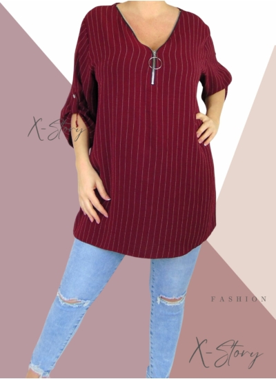 Mellnél cipzáros , csíkos felső (bordó)