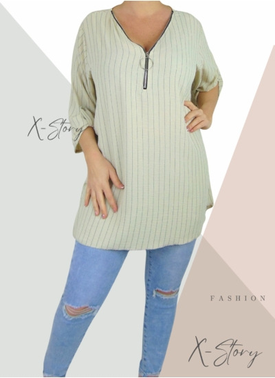 Mellnél cipzáros , csíkos felső (bézs)