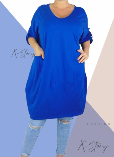 "V" dekoltált, elöl zsebes extra bő fazonú, pamut tunika/ruha (királykék)