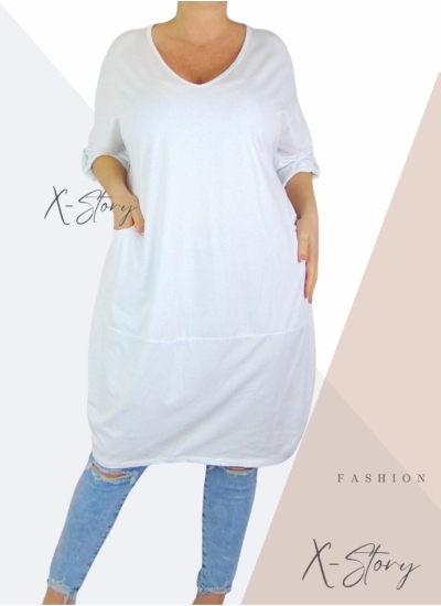 "V" dekoltált, elöl zsebes extra bő fazonú, pamut tunika/ruha (fehér)