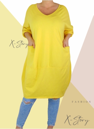 "V" dekoltált, elöl zsebes extra bő fazonú, pamut tunika/ruha (sárga)