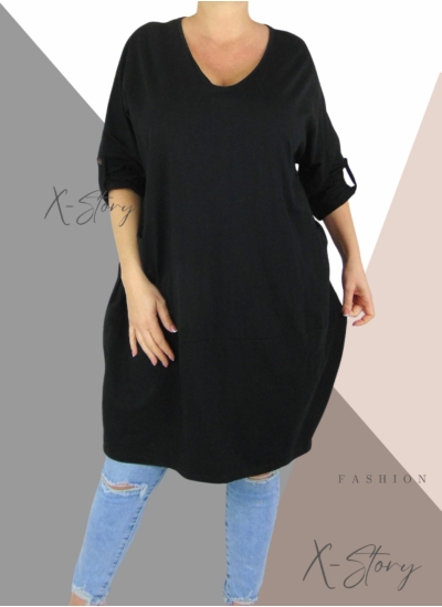 "V" dekoltált, elöl zsebes extra bő fazonú, pamut tunika/ruha (fekete)