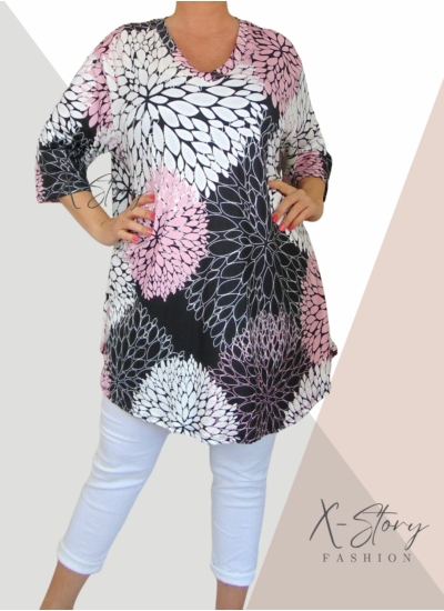 Extra bő fazonú, "V" dekoltált, mintás tunika