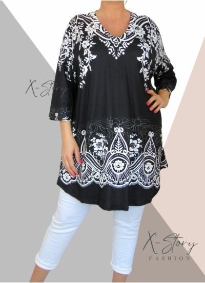 Extra bő fazonú, "V" dekoltált, mintás tunika