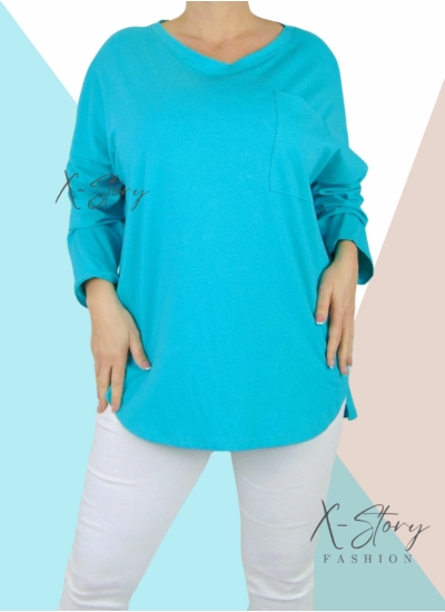 Bő fazonú pamut felső, elöl nagy zsebbel (türkiz)