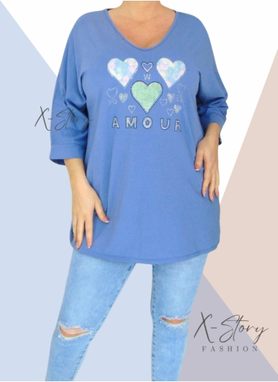 Bő fazonú, kövekkel díszített pamut tunika (farmerkék)