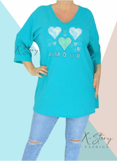 Bő fazonú, kövekkel díszített pamut tunika (türkiz)