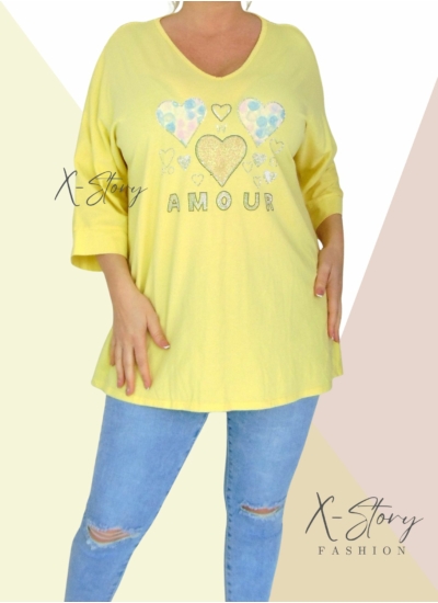 Bő fazonú, kövekkel díszített pamut tunika (sárga)