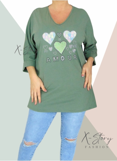 Bő fazonú, kövekkel díszített pamut tunika (khaki)