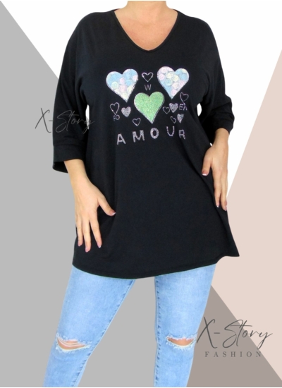 Bő fazonú, kövekkel díszített pamut tunika (fekete)