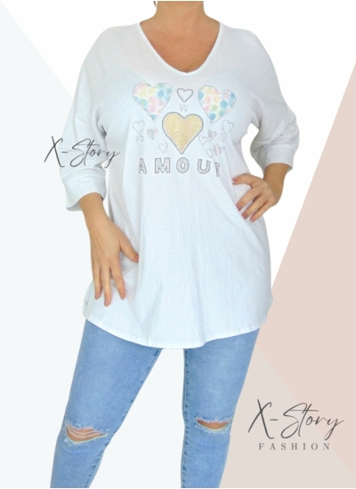 Bő fazonú, kövekkel díszített pamut tunika (fehér)