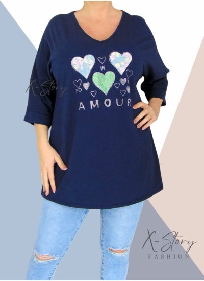 Bő fazonú, kövekkel díszített pamut tunika (sötétkék)