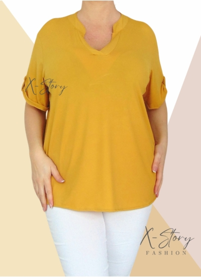 "V" dekoltál, hidegselyem anyagú póló (mustársárga)