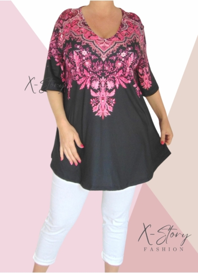 "V" dekoltált, laza fazonú mintás felső