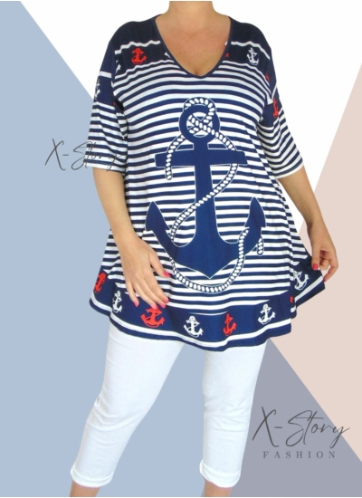 "V" dekoltált, laza fazonú mintás felső