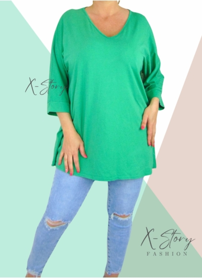 Bő fazonú, "V" dekoltált pamut felső/tunika (fűzöld)