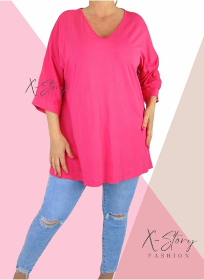 Bő fazonú, "V" dekoltált pamut felső/tunika (rózsaszín)