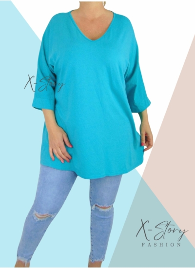 Bő fazonú, "V" dekoltált pamut felső/tunika (türkiz)