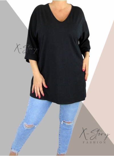 Bő fazonú, "V" dekoltált pamut felső/tunika (fekete)