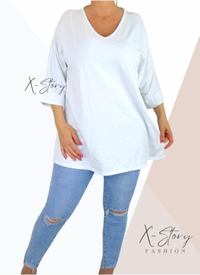 Bő fazonú, "V" dekoltált pamut felső/tunika (fehér)