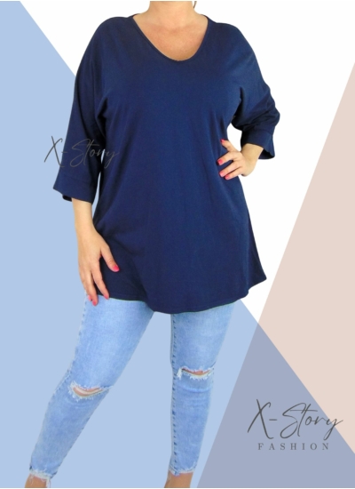 Bő fazonú, "V" dekoltált pamut felső/tunika (sötétkék)