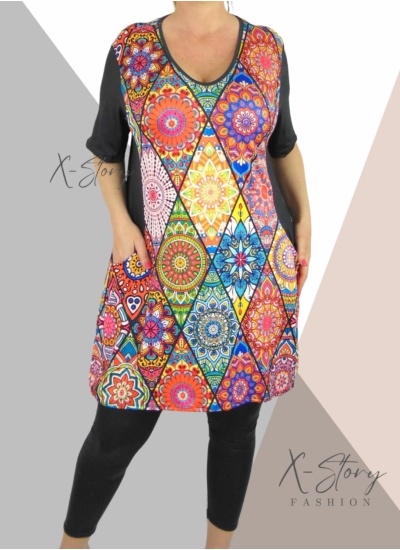 "V" dekolált, elöl zsebes , mintás tunika/ruha
