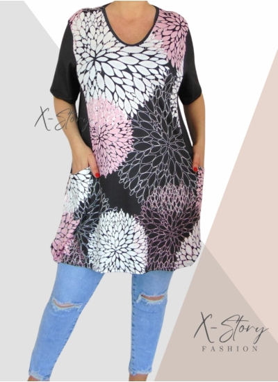 "V" dekolált, elöl zsebes , mintás tunika/ruha