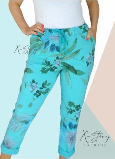 Gumisderekú, virágmintás streccsnadrág (NORMÁL NAGYMÉRET) türkiz