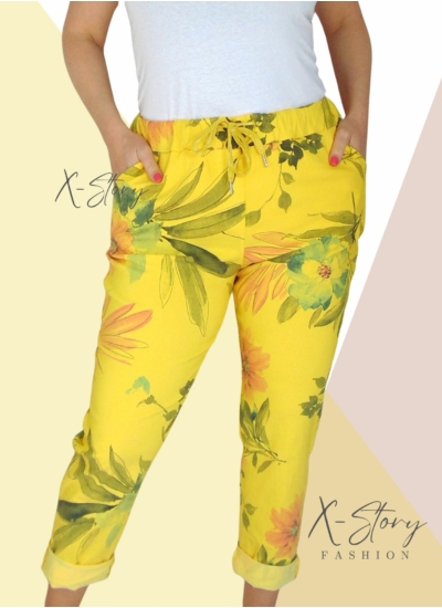 Gumisderekú, virágmintás streccsnadrág (NORMÁL NAGYMÉRET)sárga