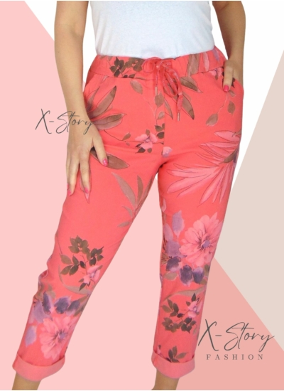 Gumisderekú, virágmintás streccsnadrág (EXTRA NAGYMÉRET)korall