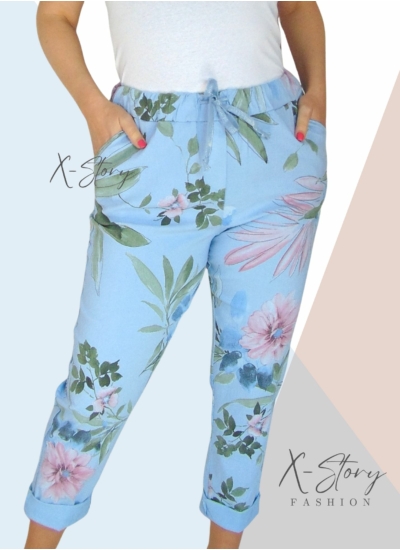 Gumisderekú, virágmintás streccsnadrág (EXTRA NAGYMÉRET)világoskék