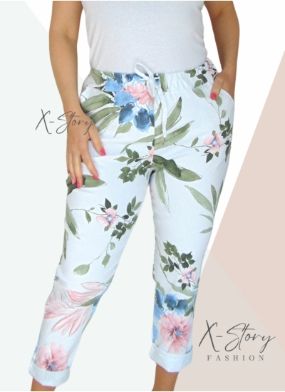 Gumisderekú, virágmintás streccsnadrág (EXTRA NAGYMÉRET)fehér