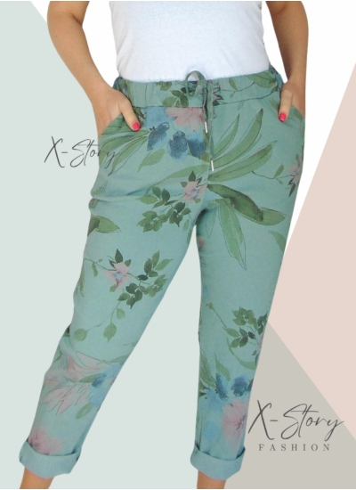 Gumisderekú, virágmintás streccsnadrág (EXTRA NAGYMÉRET)khaki