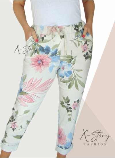 Gumisderekú, virágmintás streccsnadrág (EXTRA NAGYMÉRET)világosbézs