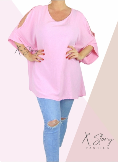 Vállán kivágott, gyöngyökkel díszített felső (babarózsaszín)