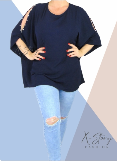 Vállán kivágott, gyöngyökkel díszített felső (sötétkék)