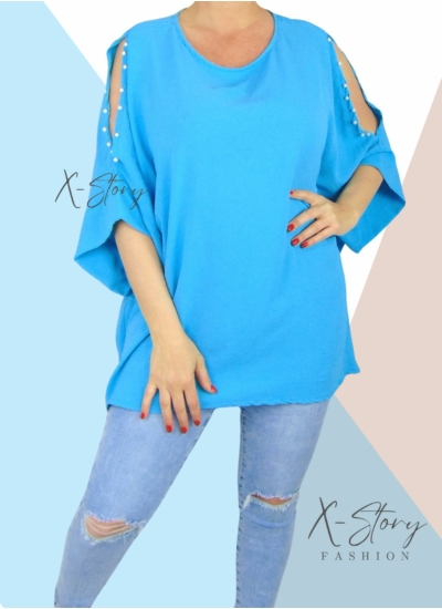 Vállán kivágott, gyöngyökkel díszített felső (világoskék)