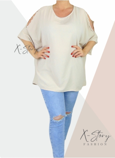 Vállán kivágott, gyöngyökkel díszített felső (világosbézs)