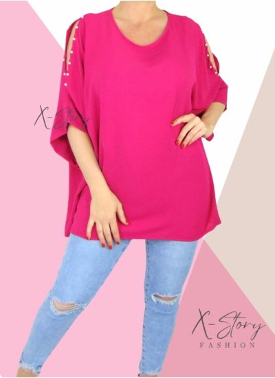 Vállán kivágott, gyöngyökkel díszített felső (pink)