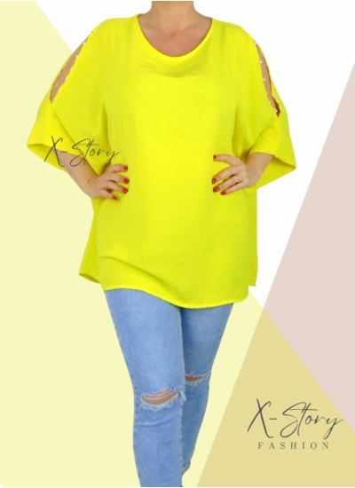 Vállán kivágott, gyöngyökkel díszített felső (sárga)