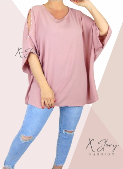 Vállán kivágott, gyöngyökkel díszített felső (púder)